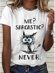 dámské tričko basic funny cat letter print krátký rukáv běžné topy kulatý výstřih denní víkend bílá růžová modrá