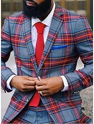 Men's Plaid Casual Blazer Jacket Plus Size Regular Tailored Fit Checkered Single Breasted Two-buttons Red 2024