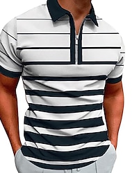 Men's Zip Polo Polo Shirt Casual Daily Quarter Zip Short Sleeve Fashion Basic Stripe Horizontal Stripes Zipper Summer Regular Fit White Yellow Red Navy Blue Brown Zip Polo