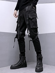 男性用 カーゴパンツ ズボン クロップドパンツ テックウェア バックルストラップ 平織り 履き心地よい 高通気性 アウトドア 日常 お出かけ ファッション ストリートファッション ブラック