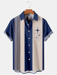 男性用 シャツ ボタンアップシャツ カジュアルシャツ サマーシャツ ボーリングシャツ 縞柄 グラフィック 折襟 ブルー ストリート 日常 半袖 ポケット プリント 衣類 ファッション 1950年代風 カジュアル