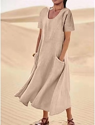 Women's Pink Sky Blue khaki Summer Maxi long Dress Maxi Dress Cotton Linen Dresses Casual Dress Solid Daily Loose Fit Crew Neck