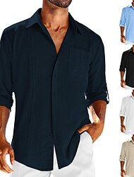 Men's Linen Shirt Cotton Linen Shirt Guayabera Shirt Button Up Shirt Summer Shirt Beach Shirt Black White Navy Blue Long Sleeve Plain Turndown Spring & Summer Outdoor Holiday Clothing Apparel Front