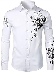 herrskjorta blommig turndown fest dagligen button-down långärmade toppar ledigt mode bekvämt vit svart blå