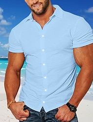 Męskie Koszula lniana koszula Zapinana na guziki koszula Letnia koszula Koszula plażowa Niebieski Zieleń wojskowa Szary Krótki rękaw Równina Klapa Lato Codzienny Hawajskie Odzież