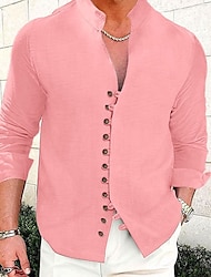 Herren leinenhemd Hemd Knopfhemd Lässiges Hemd Sommerhemd Strandhemd Schwarz Weiß Rosa Langarm Glatt Ständer Frühling Sommer Casual Täglich Bekleidung