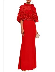 Sheath Red Green Dress Evening Gown Elegant Dress Wedding Guest Formal Evening Floor Length Half Sleeve Jewel Neck Fall Wedding Reception Polyester with Pleats 2024