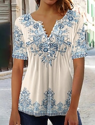 Women's T shirt Tee Henley Shirt Floral Holiday Weekend Button Print White Short Sleeve Elegant Fashion Tunic Round Neck