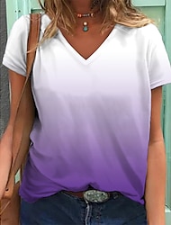 女性用 Tシャツ ライトピンク ホワイト+パープル 緑+青 グラフィック カラーグラデーション プリント 半袖 カジュアル 日常 ベーシック Ｖネック S