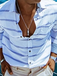 Hombre Camisa Camisa de lino de algodón Camisa de verano Camisa de playa Azul Piscina Manga Larga A Rayas Diseño Primavera verano Hawaiano Festivos Ropa Estampado