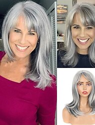 Grey Layered Synthetic Wigs for White Women Wig With Bangs Side Part Layered Mixed Silver Grey Wavy Natural Hair Wig for Women Daily Party Gray Wig