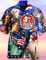 July 4Th Independence Day Hawaiian Shirt Day, Mens Graphic Summer Prints American Flag Cuban Collar Blue Outdoor Casual Short Sleeve Clothing Apparel Sports Fashion Patriotic Of Red White And Cotton