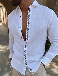 Men's Summer Shirt Beach Shirt White Blue Green Long Sleeve Plain Lapel Spring & Summer Hawaiian Holiday Clothing Apparel Basic
