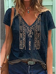 Women's T shirt Tee Blue Geometric Daily Going out Basic Ethnic V Neck S
