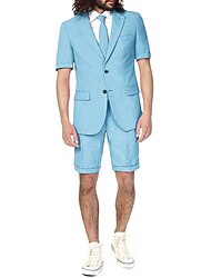 férfi világoskék lenvászon öltönyök strand esküvői rövidnadrág mellény 2 részes nyári kosztüm egyszínű szabott szabás egymellű kétgombos 2024