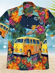 Męskie Koszula Koszula hawajska Kwiaty Wzory graficzne Hipisowskie Autobus Wieczorne Żółty Granatowy Niebieski Jasnoniebieski Na zewnątrz Ulica Krótkie rękawy Nadruk Odzież Moda Moda miejska