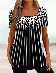 Women's Plus Size T shirt Tee Floral Striped Print Casual Holiday Tunic Basic Short Sleeve Square Neck Black