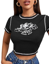 női póló crop top póló y2k stílusú mintás utcai stílusú felső felnőtteknek e lány grafikus mintás póló kawaii rövid ujjú gombóc nyakú póló lány nyári ruha