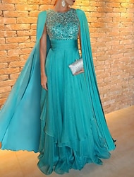 A-Line Evening Gown Elegant Dress Wedding Guest Wedding Party Floor Length Short Sleeve Jewel Neck Capes Chiffon with Appliques Shawl 2024