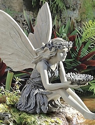 Estatua de hadas, artesanías de ángeles de hadas, escultura de jardín de resina alas de mariposa flor elfo decoración al aire libre, para decoración del hogar patio césped