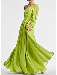 A-Line Evening Gown Elegant Dress Formal Wedding Party Floor Length Long Sleeve One Shoulder Fall Wedding Guest Chiffon with Ruched 2024