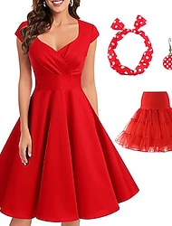 Retro vintage 1950-luvun Grease-asut rockabilly A-linjainen mekko flare-mekko joulupartymekko pilkkumekko naisten juhla/iltan naamiaiset aikuisten mekko korvakorut päähineet kevät