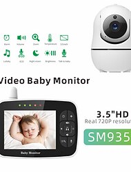 babyvakt - 3,5-skärms video babymonitor med kamera och ljud - fjärrkontroll pan-tilt-zoom nattseende vox-läge temperaturövervakning vaggvisor 2-vägs samtal 960ft räckvidd