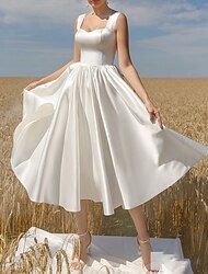A-linje Cocktailklänningar Elegant Klänning Bröllopsgäst Gradering Telång Kortärmad Rundhals Italienskt satintyg med Elegant 2024