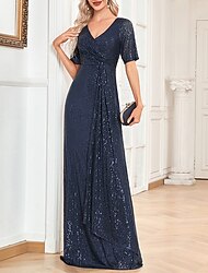 Abiti da festa in A-Line Vestiti eleganti Ospite di matrimonio formale Lunghezza fino al pavimento Maniche corte Collo a V Paillettes con strass per lasciare il segno