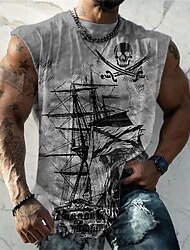 Men's Vest Top Sleeveless T Shirt for Men Graphic Ship Nautical Pirate Crew Neck Clothing Apparel 3D Print Daily Sports Sleeveless Print Fashion Designer Muscle