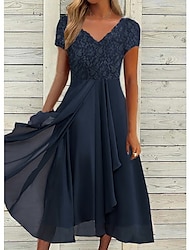 Dames Feestjurk Chiffon jurk Formele jurk Halflange jurk Marineblauw Korte mouw Bloemig Met ruches Lente Zomer V-hals Vakantie Bruiloft gast Afspraakje Vakantie 2023 S M L XL XXL 3XL