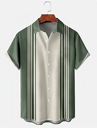 Men's Shirt Bowling Shirt Button Up Shirt Summer Shirt Green Short Sleeve Color Block Stripe Turndown Print Daily Holiday Button-Down Clothing Apparel Vintage Hawaiian 1950s Color Block