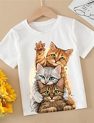 Girls' 3D Graphic Cartoon Cat T shirt Tee Short Sleeve 3D Print Summer Spring Active Fashion Cute 100% Cotton Kids 3-12 Years Outdoor Casual Daily Regular Fit