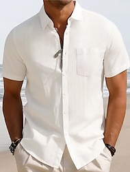Men's Linen Shirt Cotton Linen Shirt White Cotton Shirt Summer Shirt Beach Shirt Black White Green Short Sleeve Plain Lapel Spring & Summer Hawaiian Holiday Clothing Apparel Basic