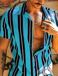 男性用 シャツ ボタンアップシャツ カジュアルシャツ サマーシャツ イエロー ブルー レッド グリーン 半袖 縞柄 ラペル 日常 バケーション 衣類 ファッション カジュアル 快適
