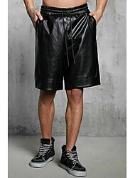 Men's Shorts Casual Shorts Faux Leather Shorts Drawstring Elastic Waist Plain Breathable Soft Casual Nightclub Clubwear Faux Leather Fashion Streetwear Black Micro-elastic