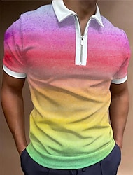 Men's Polo Shirt Lapel Polo Zip Polo Golf Shirt Rainbow Gradient Graphic Prints Turndown Pink Blue Rainbow Outdoor Street Short Sleeves Print Zipper Clothing Apparel Fashion Designer Casual Breathable