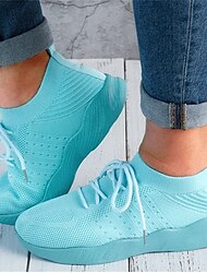 Women's Sneakers Slip-Ons Pink Shoes Plus Size Flyknit Shoes Outdoor Daily Solid Color Flat Heel Round Toe Sporty Casual Minimalism Running Walking Tissage Volant Lace-up Light Blue Black White
