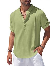 Voor heren Overhemd Katoenen linnen overhemd Normaal shirt Zomer overhemd Strand hemd Zwart Wit Blozend Roze Korte mouw Effen Band Kraag Zomer Casual Dagelijks Kleding