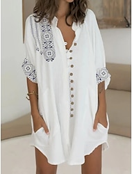 Women's Shirt Dress Mini Dress Button Pocket Casual Daily Shirt Collar Short Sleeve Summer Spring White Tribal