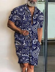 Hombre Camisa Conjunto de camisa camisa hawaiana Cachemir Estampados Cosecha Collar Cubano Negro Azul Marino Azul Piscina Exterior Calle Mangas cortas Estampado Ropa Moda Ropa de calle Design Suave