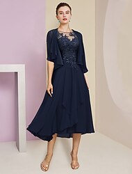 Two Piece A-Line Mother of the Bride Dress Formal Wedding Guest Elegant Scoop Neck Tea Length Chiffon Lace Short Sleeve Wrap Included with Pleats Sequin Appliques 2024
