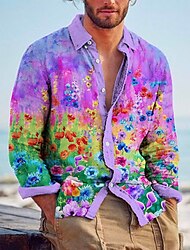 camicia da uomo stampe grafiche floreali couverture rosa viola strada all'aperto manica lunga stampa abbigliamento abbigliamento moda streetwear designer casual