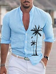 Men's Shirt Coconut Tree Graphic Prints Stand Collar Pink Blue Brown Green Outdoor Street Long Sleeve Print Clothing Apparel Fashion Streetwear Designer Casual