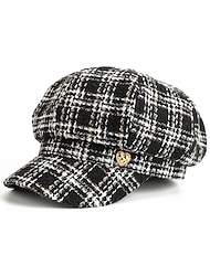 New Casual Cotton Lattice Patchwork Beret Octagonal Cap Vintage Fashion Black White Woman Newsboy Hat