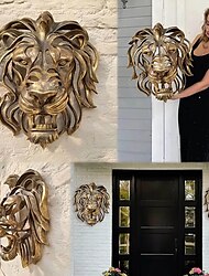 Escultura de cabeça de leão em resina, arte de decoração de parede de animais, escultura de decoração de parede de leão feita à mão, decoração de boas-vindas, presente