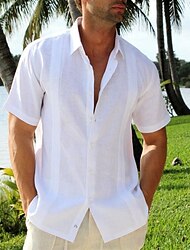 Per uomo Camicia camicia di lino Camicia in lino e cotone Camicia in cotone bianco Camicia Guayabera Camicia estiva Nero Bianco Blu Verde Manica corta Liscio Bavero Estate Informale Giornaliero