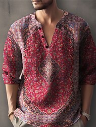 Bărbați Floral Epocă Cămașă Cămașă de in Camașă cu nasturi Manșon Lung Modă Șic Stradă Designer Zilnic În aer liber Vară Primăvară Toamnă Guler de stand Imprimeu Albastru piscină Negru + Negru Galben