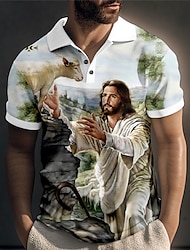 Voor heren POLO Shirt Revers polo Polo's met knopen Golfshirt Grafische prints Wijnoogst Jezus Strijkijzer Geel blauw Groen Licht Blauw Grijs Buiten Straat Korte Mouw Afdrukken Kleding Sport Modieus
