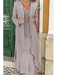 Two Piece A-Line Mother of the Bride Dress Formal Wedding Guest Elegant Plus Size Casual V Neck Floor Length Lace Linen Cotton Blend Sleeveless Jacket Dresses with Appliques 2024